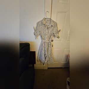 Calvin Klein Black and White Striped Midi Dress